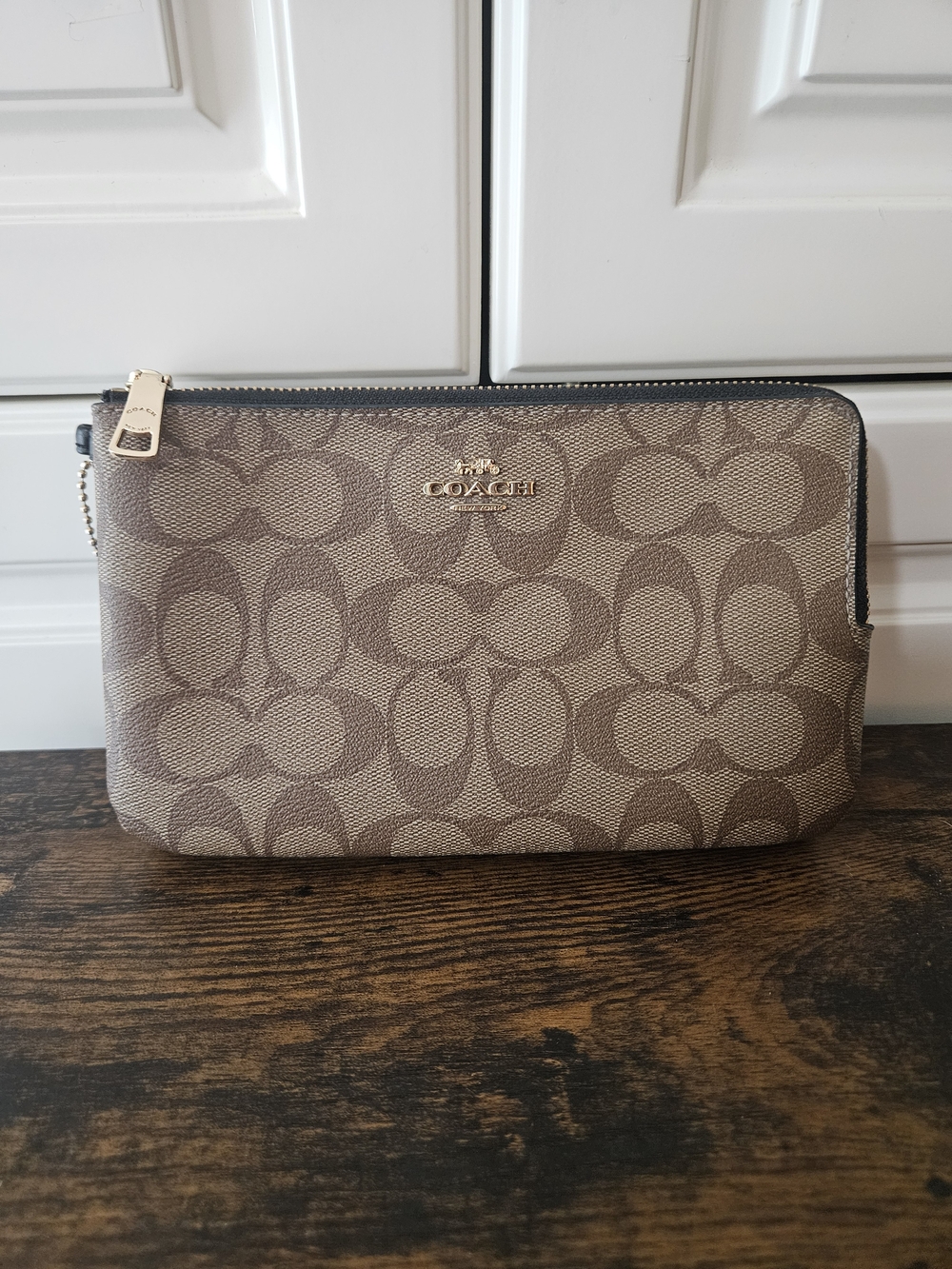 Coach F16109 Brown Signature Coated Canvas Double Zip Wristlet Pouch Wallet Y2k